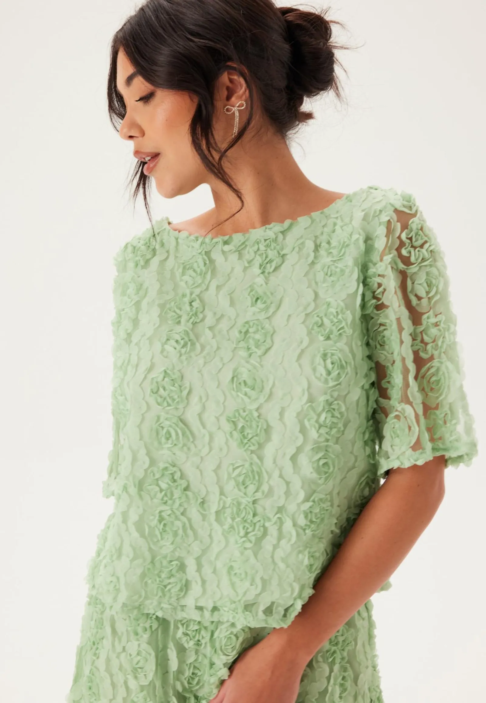 BUBBLEROOM Juhlasetit|Yksiväriset Puserot Ja Paidat*3D Flower Short Sleeve Blouse