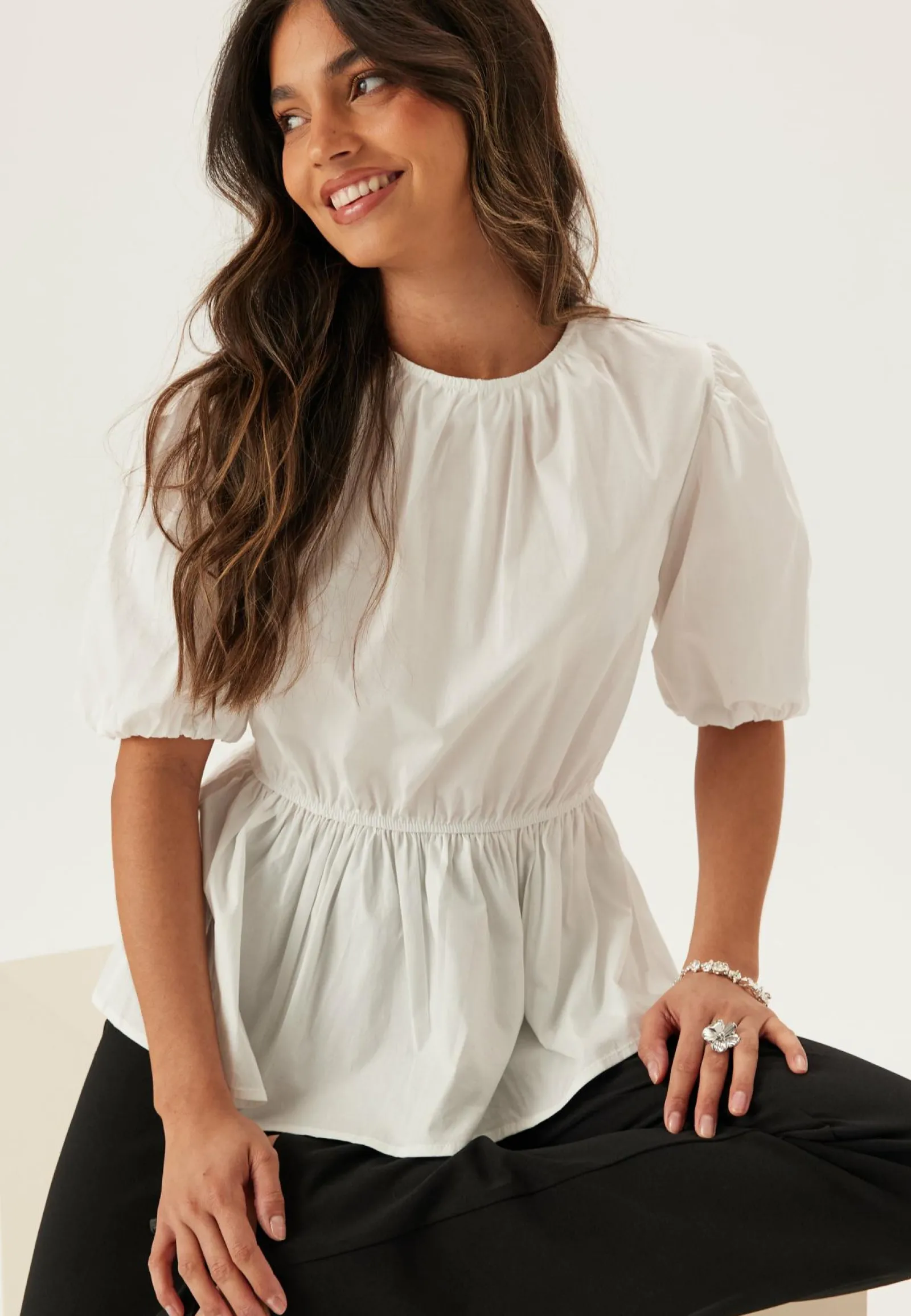 BUBBLEROOM Yksiväriset Puserot Ja Paidat|Röyhelöpuserot*Puff Sleeve Peplum Blouse